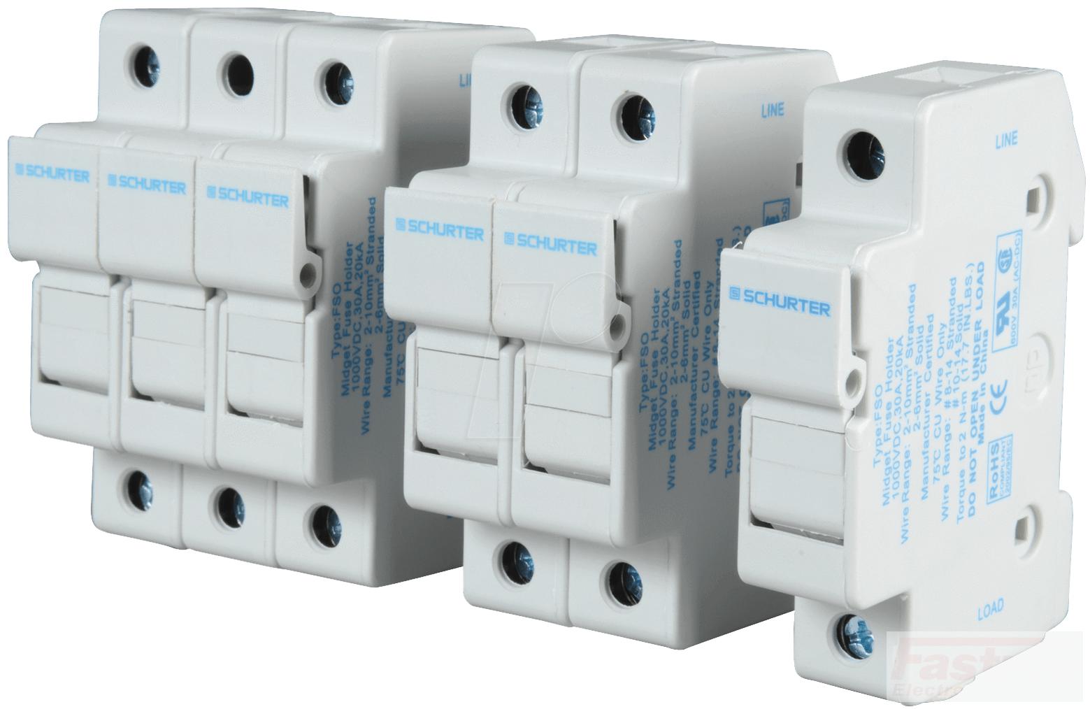 0091.0001, FSO DIN Rail Mount Fuse Holder Single Pole for 10.3 x 38mm, 1000VDC Solar PV Fuse (ASO Series)