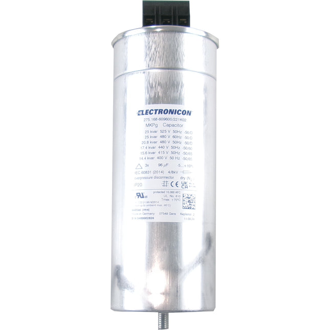 275.168-609600 / 221K02 25kvar 525V 50Hz, Power Factor Correction Capacitor, 3 Phase, 95 x 245(+33 +/-2)mm Gas Filled, Requires Discharge Resistor, 3 x 96uF, Can Replace Epcos MKP525-D-25.0 [Double Sided Terminals]