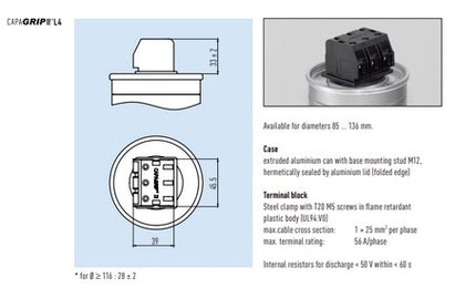 275.268-609600/221K02 25kvar 525V 50Hz, Power Factor Correction Capacitor, 3 Phase, 95 x 245(+33 +/-2)mm Gas Filled, 3 x 96uF, SINGLE SIDED TERMINALS, Can Replace MKP525-D-25.0, LKT 25-525-DP, Internal Discharge Reistors