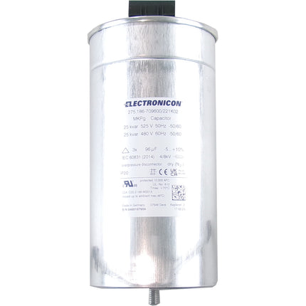 275.186-709600/221K02 25kvar 525V 50Hz, Power Factor Correction Capacitor, 3 Phase, 116 x 230(+32)mm Gas Filled, 3 x 96.2uF, Requires Discharge Resistor, DOUBLE SIDED TERNINALS, Replaces 275.186-809600
