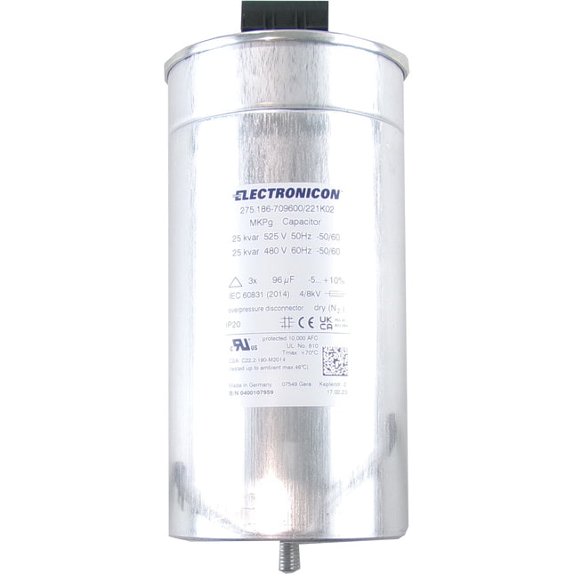 275.186-709600/221K02 25kvar 525V 50Hz, Power Factor Correction Capacitor, 3 Phase, 116 x 230(+32)mm Gas Filled, 3 x 96.2uF, Requires Discharge Resistor, DOUBLE SIDED TERNINALS, Replaces 275.186-809600