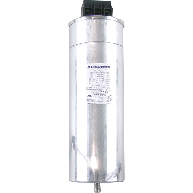 275.258.607200/221K02 18.6 kvar 525V 50Hz, Power Factor Correction Capacitor, 3 Phase, 85 x 245(+32)mm Gas Filled, 3 x 72uF, Replacement to Frako LKT 15.5-480-DP, SINGLE SIDED TERMINALS, Internal Discharge Resistor