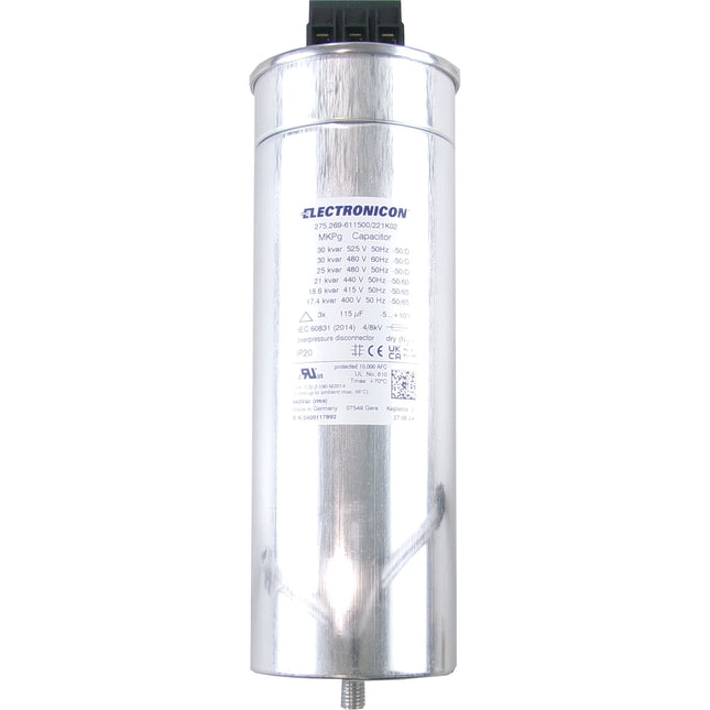 275.269-611500/221K02 30kvar 525V 50Hz, Power Factor Correction Capacitor, 3 Phase, 95 x 245(+32)mm Gas Filled, 3 x 115.5uF, Requires Discharge Resistor