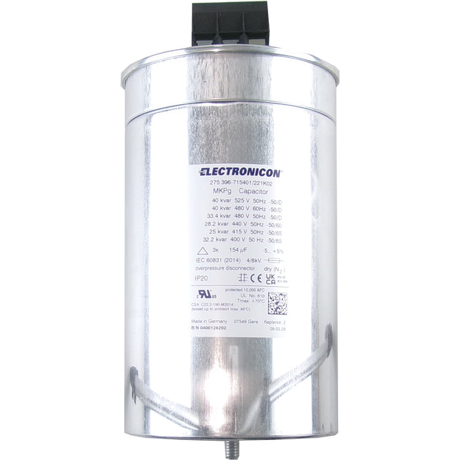 275.396-715401/221K02 40KVAR 525V 50HZ, Power Factor Correction Capacitor, 3 Phase, 136 x 230(+47)mm Gas Filled, 3 x 154uF, Requires Discharge Resistor, Replaces 275.398-715401/221K02