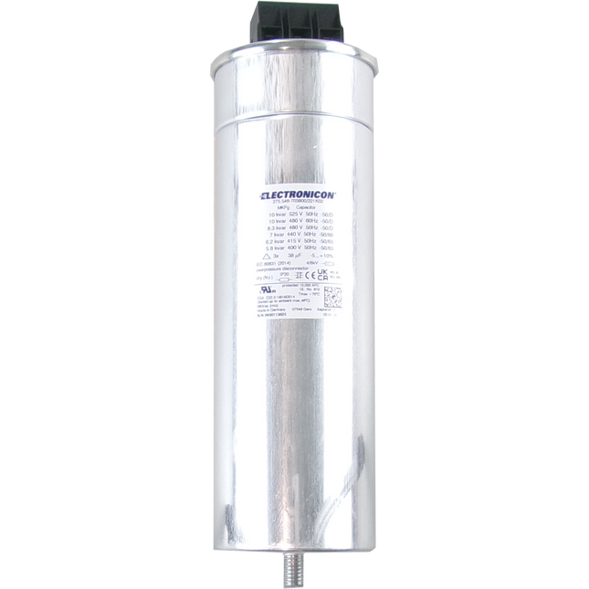 275.546-703800/221K02, 10kvar 525V 50Hz, Power Factor Correction Capacitor, 3 Phase, 75 x 230(+32 +5/-2)mm Gas Filled, 3 x 38.5uF