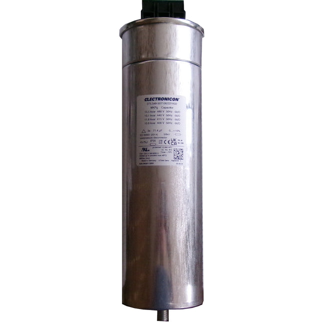 275.548-507100/221K02 15.5kvar 480V 50Hz, Power Factor Correction Capacitor, 3 Phase, 75 x 245(+25)mm Gas Filled, 3 x 71.4uF, Replacement to Frako LKT 15.5-480-DPS, or LKT 15.5-480-DP, Internal 100kOhm Discharge Resistors