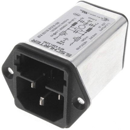 4301.5208, IEC Inlet/Power Entry Connector Receptacle with EMC Filter, 10 Amp, Male Blades - Module IEC 320-C14 Panel Mount, Flange