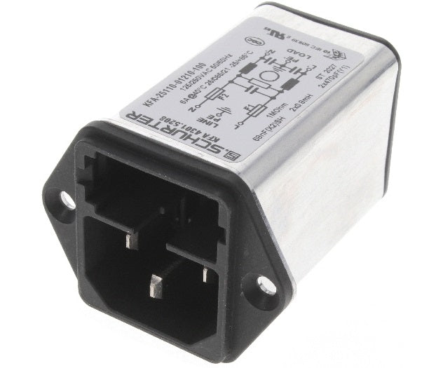 4301.5208, IEC Inlet/Power Entry Connector Receptacle with EMC Filter, 10 Amp, Male Blades - Module IEC 320-C14 Panel Mount, Flange