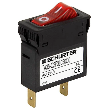 4435.0257 TA35-C8F4M050C0, 1 Pole Rocker Switch, Non Latched, 5 AMP, 240VAC, 60VDC with Thermal Overload Protection, Faston Connection, Green 12VDC Illumination with White I/O