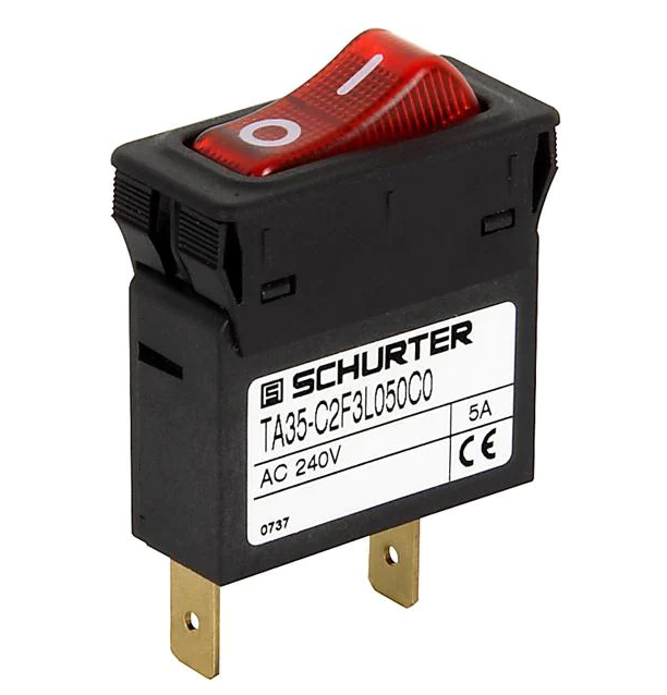 4435.0257 TA35-C8F4M050C0, 1 Pole Rocker Switch, Non Latched, 5 AMP, 240VAC, 60VDC with Thermal Overload Protection, Faston Connection, Green 12VDC Illumination with White I/O