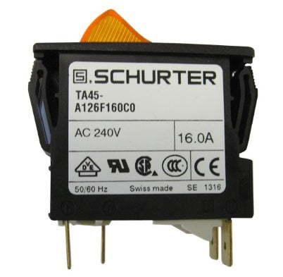 4430.0558 TA45-A126F160C0, 2 Pole Rocker Switch, 16 AMP, 240VAC, 1 Pole Thermal Overload Protection, Quick Connection, Embossed Orange Transparent Illumination