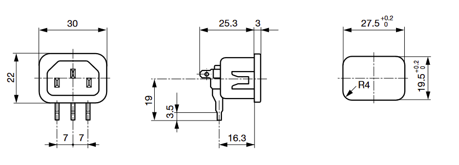 6130.5610, IEC Appliance Inlet, C14 Snap In Type, 10 Amp, Snap-in Mounting, Front Side, PCB Terminals