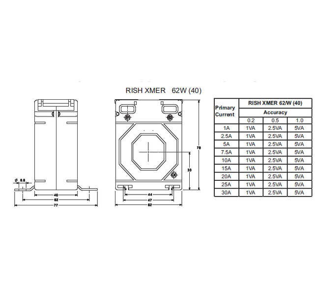 62/W(40) 5/5A Class 0.5, 2.5VA, Isolaton Current Transformer, without Aperture