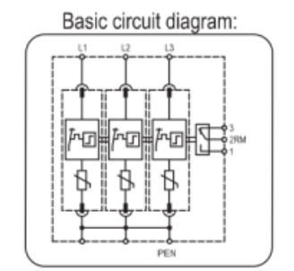 FBT P BCM12.5 275 RM (3+0), Class I,II / Type 1,2 / B,C, AC Surge Protection Device (SPD) with Remote Contacts, 3 Pole 37.5kA,440VAC, DIN Rail Mount, L/N-PE, L-PEN, L-N, N-PE High Energy MOV Type