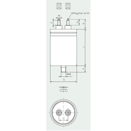 E62.R17-184C20, 180uF, Heavy Duty AC Film Capacitor ø116 x 176mm, M6x12 terminals with Bushing. C2 Design, 1400VDC/850VAC