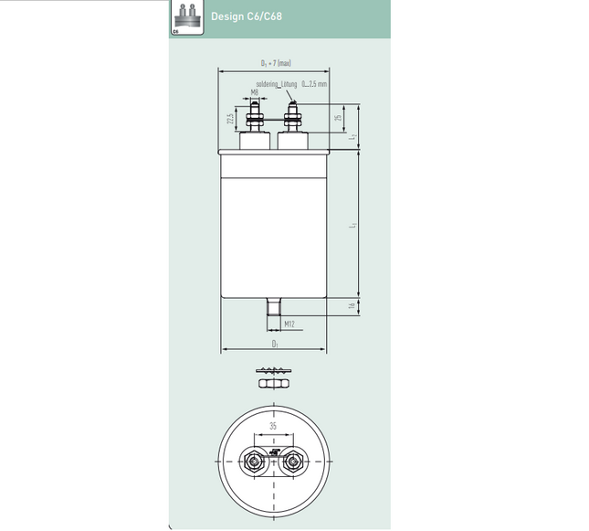 E62.M24-473C60, 47uF, Heavy Duty AC Film Capacitor ø75 x 245mm, M6x12 terminals with Bushing. C6 Design, 500VAC/840VDC