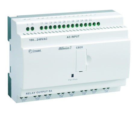 88974031, Millenium 3 Essential CB20-12I/8O R, 12 x On/Off inputs, Incl 6 analogue inputs, 8 x Static relay outputs incl 4 x PWM output, 24 VDC Supply, Green Display