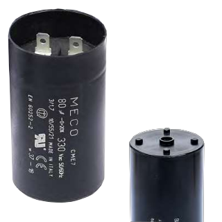 CME5 125 uF250VAC1.7, Motor Start Capacitor, Plastic Case 125-150 uF250VAC 50/60Hz  with Double Faston Terminals, Flat Base, D46x85mm, General Type 1.7% Duty