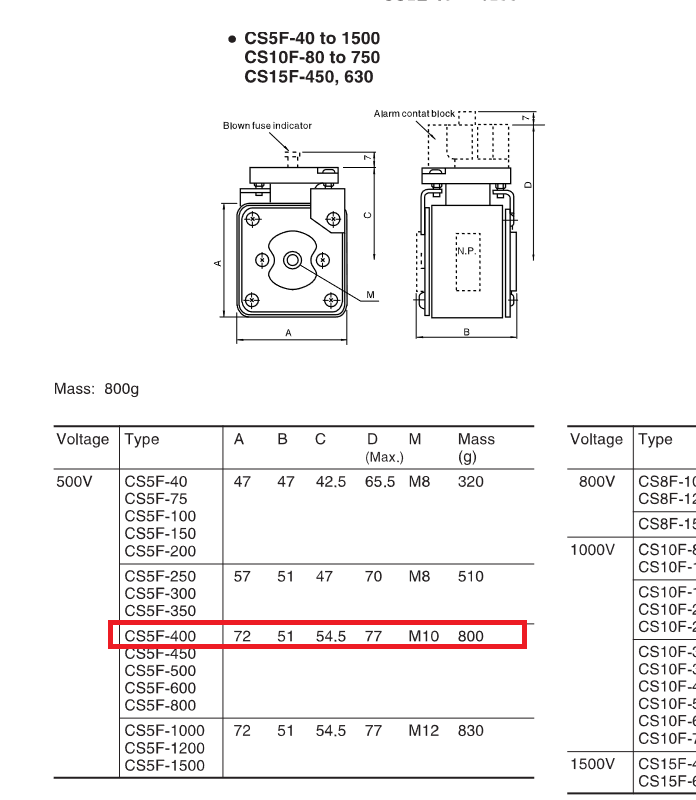 NBR-CS5F-400, HRC Semiconductor Protection Fuse, 400 Amp, 500VAC, 200kA 51 x 51 x 72mm + Microswitch (Replaces Fuji CS5F-400)