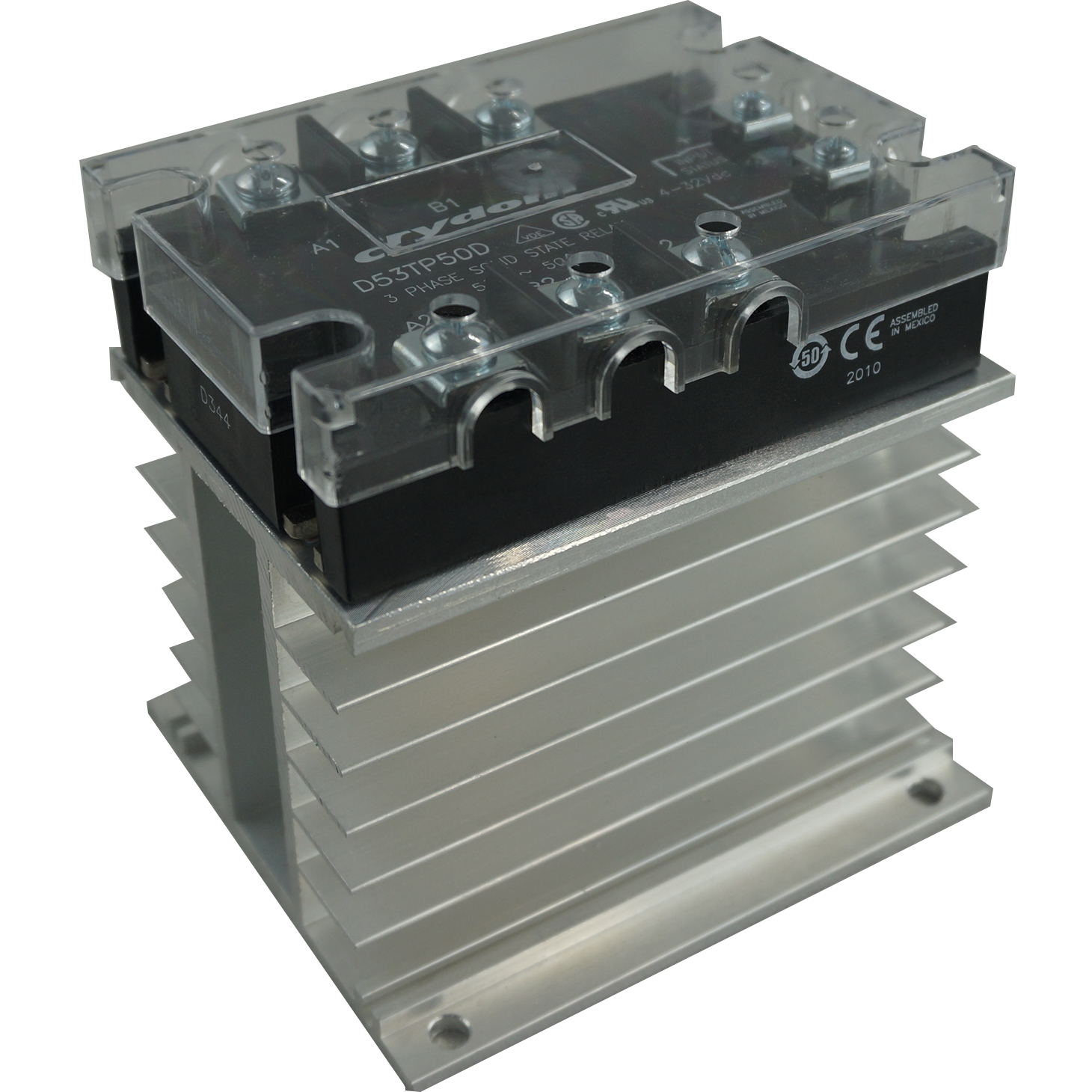 FTH6053ZA4 + HS212, Solid State Relay, and Heatsink Assembly, 3 Phase 90-280VAC Control, 20 Amp per phase @ 40 Deg C, 48-530VAC Load, LED Status Indicator, with IP20 Cover