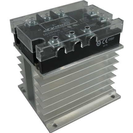FTH6053ZD3 + HS212DR, Solid State Relay, and Heatsink Assembly, 3 Phase 3-32VDC Control, 20 Amp per phase @ 40 Deg C, 48-530VAC Load, LED Status Indicator, with IP20 Cover
