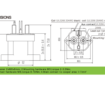 DEVD200E24DA4, Contactor SPST-NO Non Polar, 200 AMP, 12-800VDC, 24VDC Coil, SPST-NO Auxiliary Contact