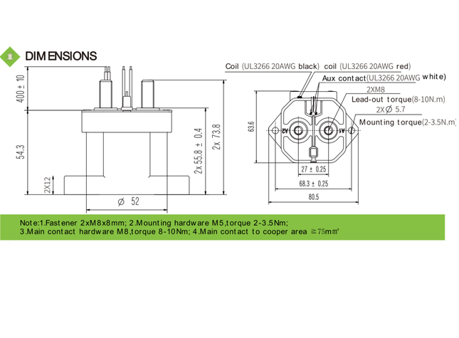 DEVD200E2DA4, Contactor SPST-NO Non Polar, 200 AMP, 12-800VDC, 36-72VDC Coil, SPST-NO Auxiliary Contact