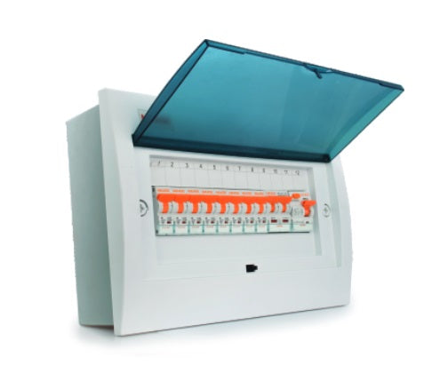 DFM18, 18 Module Compact Distribution Boards, ABS/PC/Metal(Base Only), Flush Mounted IP40 with Terminal Block, Neutral bar and DIN Rail