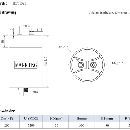 DMJ-MC 200uF, 3200VDC 136x300, DC Link, 80Amp, H:335mm x D:236mm, M16 Mounting Stud, M6 Terminals