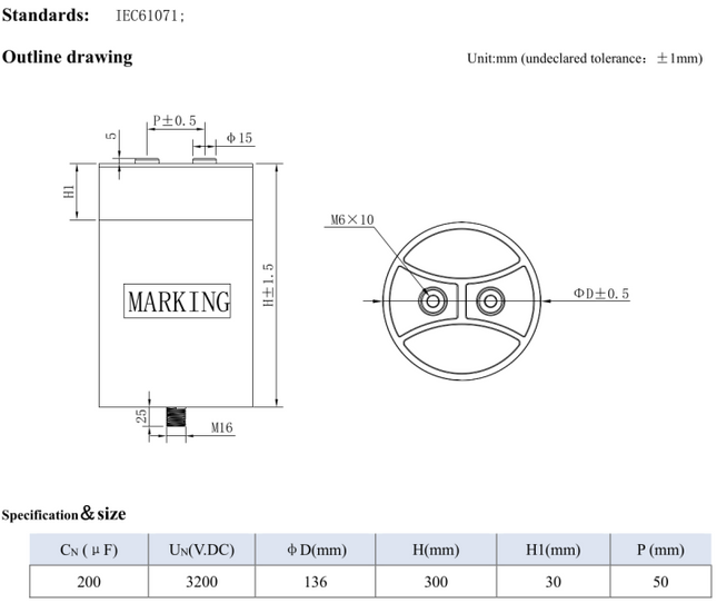 DMJ-MC 200uF, 3200VDC 136x300, DC Link, 80Amp, H:335mm x D:236mm, M16 Mounting Stud, M6 Terminals