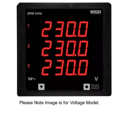 DPM96I310-2, 96mm x 96mm RED LED Digital AC Ammeter, 3 Phase 0-6 Amp CT Inputs, 0.5% Accuracy, 40 to 300VAC/DC Supply, IP54 (Optional IP65)