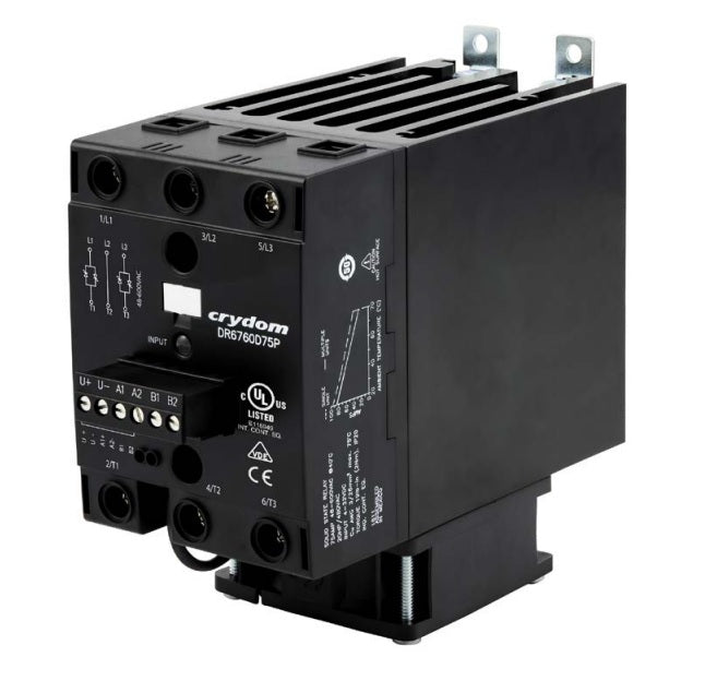 DR6760D75P, Solid State Relay, and Heatsink Assembly, 3 Phase 4-32VDC Control, 62.5 Amp per phase @ 40 Deg C, 48-600VAC Load, LED Status Indicator, Overvoltage Protection