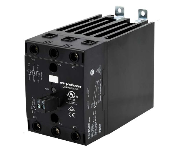 DR6760D25P, Solid State Relay, and Heatsink Assembly, 3 Phase 4-32VDC Control, Zero Crossing, 25 Amp per phase @ 40 Deg C, 48-600VAC Load, LED Status Indicator, Overvoltage Protection