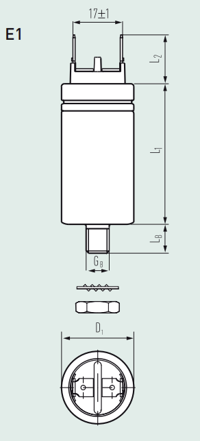 E62.G85-203G10, 20uF, 50x85mm Heavy Duty AC Film Power Capacitor w/Stud -40 to 85 °C 200,000 hrs, 640VAC/1000VDC