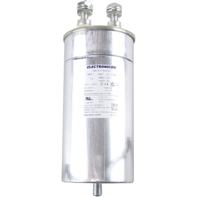 E62.N17-533C20, 53uF, Heavy Duty AC Film Capacitor ø85 x 176mm, M10x12 terminals with Bushing. C2 Design, 1000VAC/1680VDC