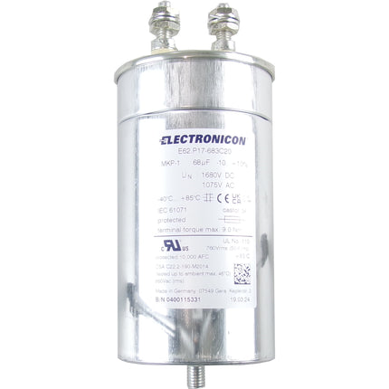 E62.P17-683C20, 68uF, Heavy Duty AC Film Capacitor ø95 x 176mm, M10x12 terminals with Bushing. C2 Design, 1075VAC/1680VDC