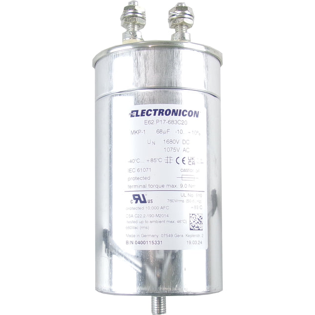 E62.P17-683C20, 68uF, Heavy Duty AC Film Capacitor ø95 x 176mm, M10x12 terminals with Bushing. C2 Design, 1075VAC/1680VDC