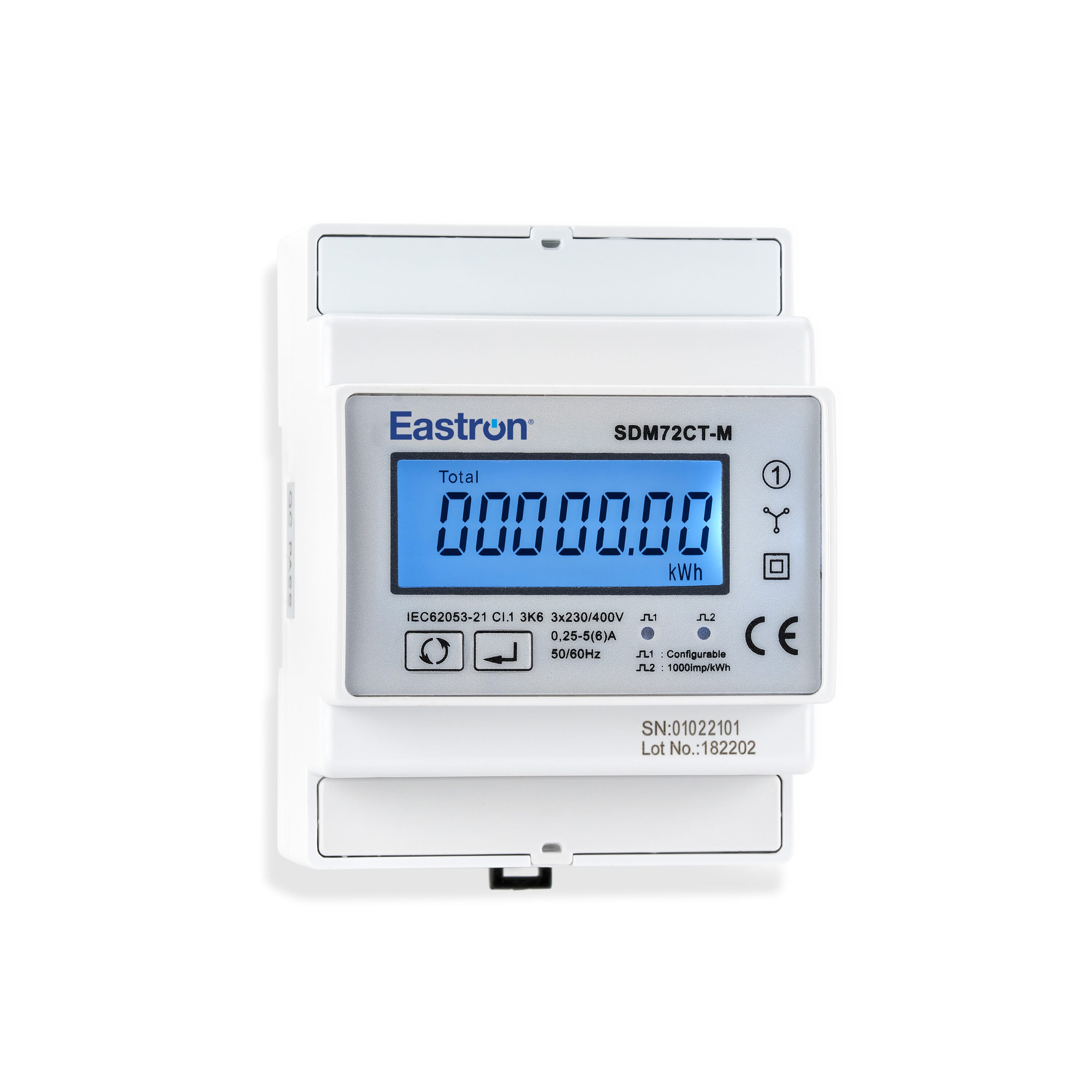 SDM72CT-D, DIN Rail Mount kWh Meter, 3 Phase, with Resettable Energy Register, 500VAC L-L, Class 1, 1/5 Amp CT Connect input, w/ 1 x fixed pulse output and RS485 Comms, MID Approved. Built for EV Chargers