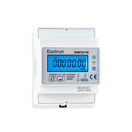 SDM72CT-D, DIN Rail Mount kWh Meter, 3 Phase, with Resettable Energy Register, 500VAC L-L, Class 1, 1/5 Amp CT Connect input, w/ 1 x fixed pulse output and RS485 Comms, MID Approved. Built for EV Chargers
