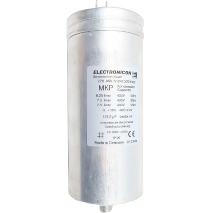 276.066-512410/221302, Power Factor Correction Capacitor, Single Phase, 7.5 KVAR, 124.2uF, 440V, 50HZ, 65 x 148mm, Requires Discharge Resistor