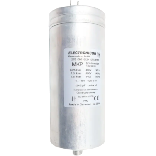 276.066-512410/221302, Power Factor Correction Capacitor, Single Phase, 7.5 KVAR, 124.2uF, 440V, 50HZ, 65 x 148mm, Requires Discharge Resistor