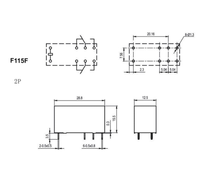 F115F-2PS 8A 24VDC, Slimline Relay, DPDT 2 x 8 Amp, for F41F 2 PS Series Slimline 2 Pole Sockets