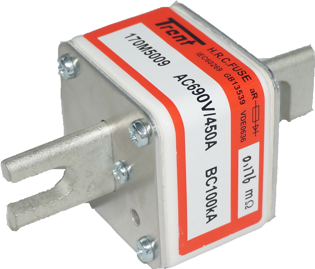 Trent NH Blade Style Semiconductor Fuse F170M5009, Blade Style Semiconductor Fuse, 450 Amp, 690VAC, Square Body, Size 2, DIN 43 653,  200kA (78mm Hole Centers) FE-F170M5009