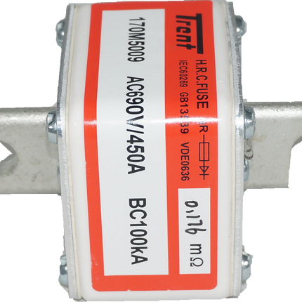 F170M5009, Blade Style Semiconductor Fuse, 450 Amp, 690VAC, Square Body, Size 2, DIN 43 653,  200kA (78mm Hole Centers)-NH Blade Style Semiconductor Fuse-Trent-Fastron Electronics Store