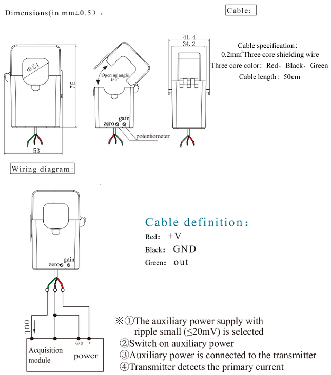FAT250D10T, AC Current Transducer, 250Amp Measurement, 24mm Split Core, 0-10V Average RMS Output, Accuracy = 1%, 500mm Cable Length