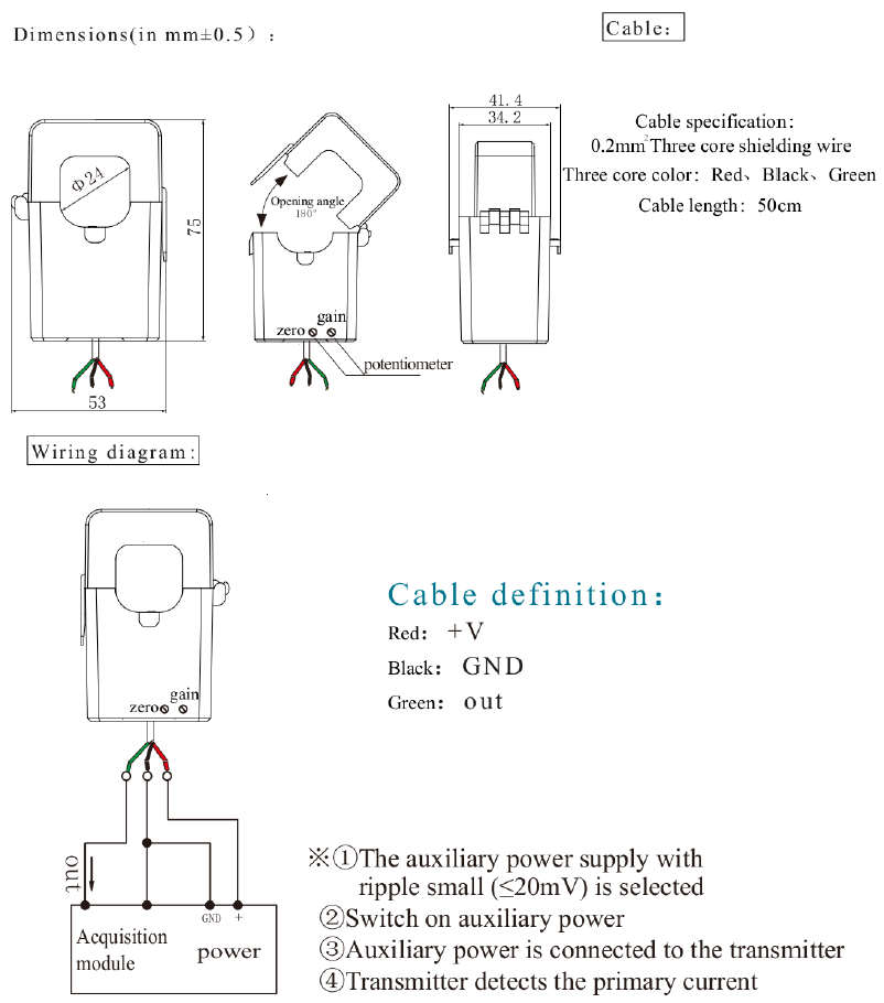 FAT250D420, AC Current Transducer, 250Amp Measurement, 24mm Split Core, 4-20mA Average RMS Output, Accuracy = 1%, 500mm Flying Leads