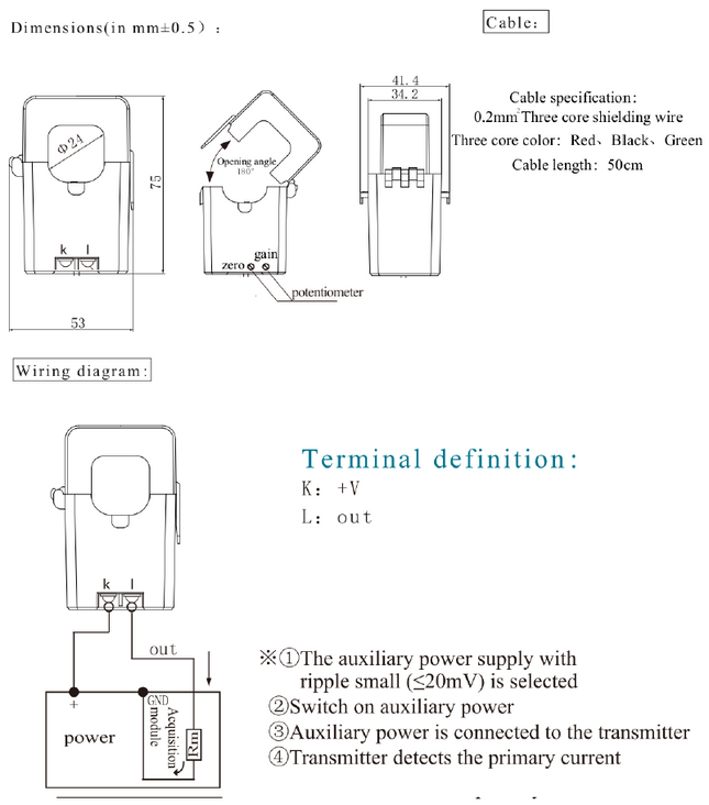 FATL300D420T, AC Current Transducer, 300Amp Measurement, 36mm Split Core, 4-20mA Average RMS Output, Accuracy = 1%, Terminal Version