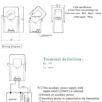 FATL100D420T, AC Current Transducer, 100Amp Measurement, 36mm Split Core, 4-20mA Average RMS Output, Accuracy = 1%, Terminal Version