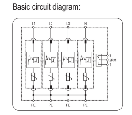 FBT P BCM12.5 275 RM (4+0), Class I,II / Type 1,2 / B,C, AC Surge Protection Device (SPD) with Remote Contacts, 3 Pole 37.5kA,440VAC, DIN Rail Mount, L/N-PE, L-PEN, L-N, N-PE High Energy MOV Type