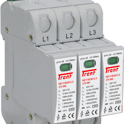 FBT P BCM12.5 275 RM (3+0), Class I,II / Type 1,2 / B,C, AC Surge Protection Device (SPD) with Remote Contacts, 3 Pole 37.5kA,440VAC, DIN Rail Mount, L/N-PE, L-PEN, L-N, N-PE High Energy MOV Type